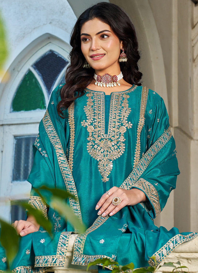 Vegaa Fashion Turquoise Embroidered Chinon Silk Palazzo Suit