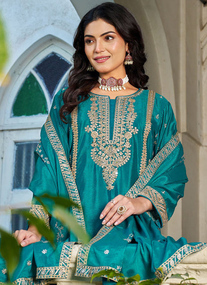 Vegaa Fashion Turquoise Embroidered Chinon Silk Palazzo Suit