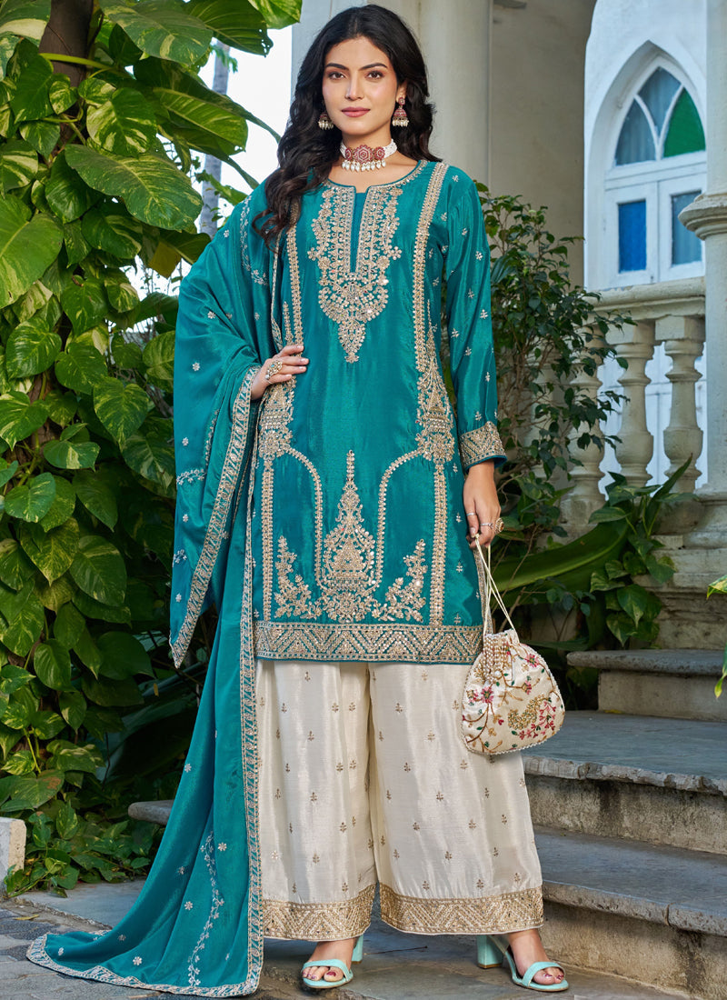 Vegaa Fashion Turquoise Embroidered Chinon Silk Palazzo Suit