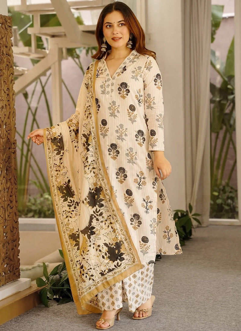 Vegaa Fashion Cream Printed Cotton Salwar Suit