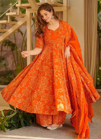 Vegaa Fashion Orange Printed Muslin Salwar Suit