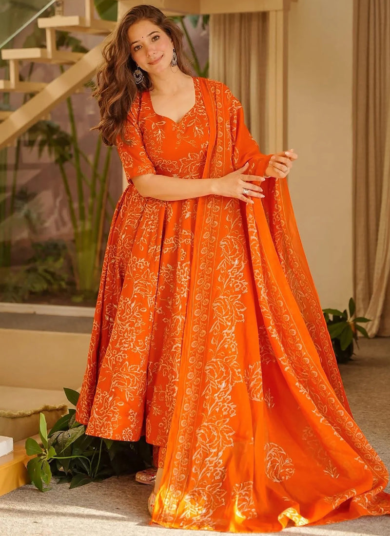 Vegaa Fashion Orange Printed Muslin Salwar Suit