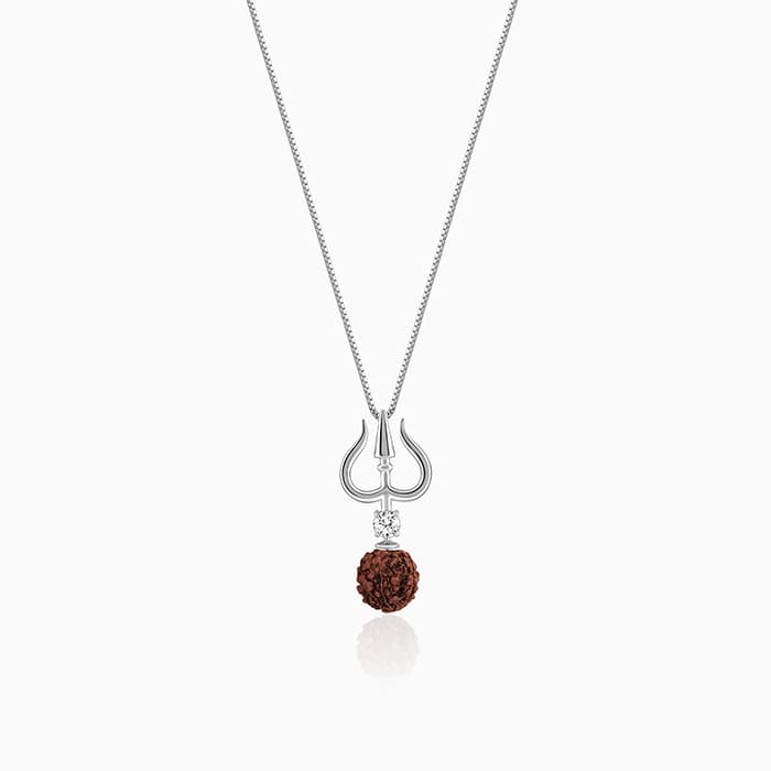Silver Trishul And Rudraksha Pendant With Box Chain for Him