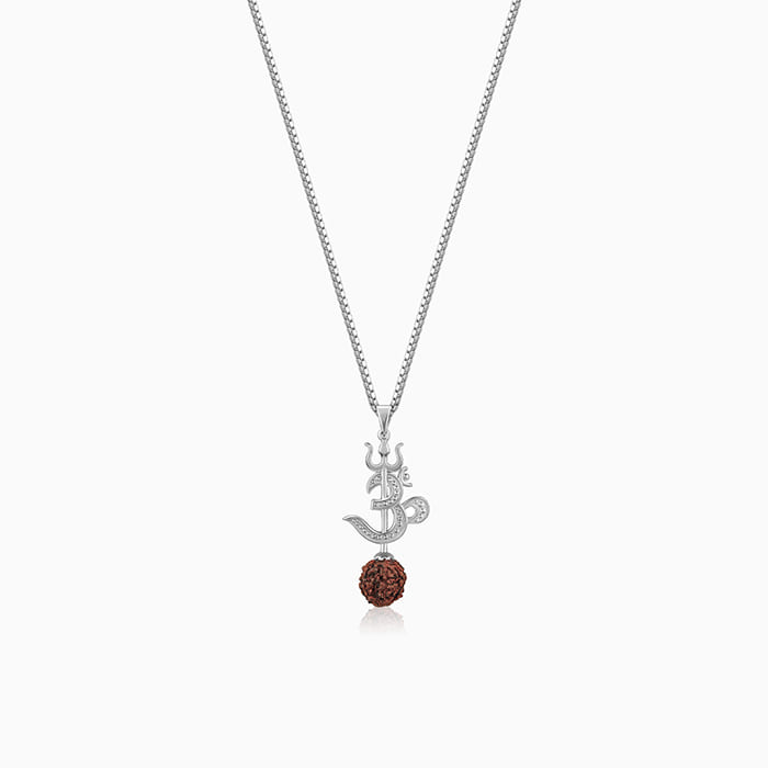 Silver Om Trishul Rudraksha Pendant With Box Chain For Him