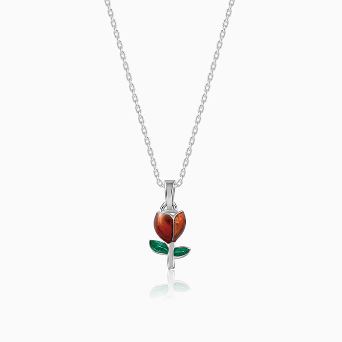 Silver Red Roses Pendant With Link Chain