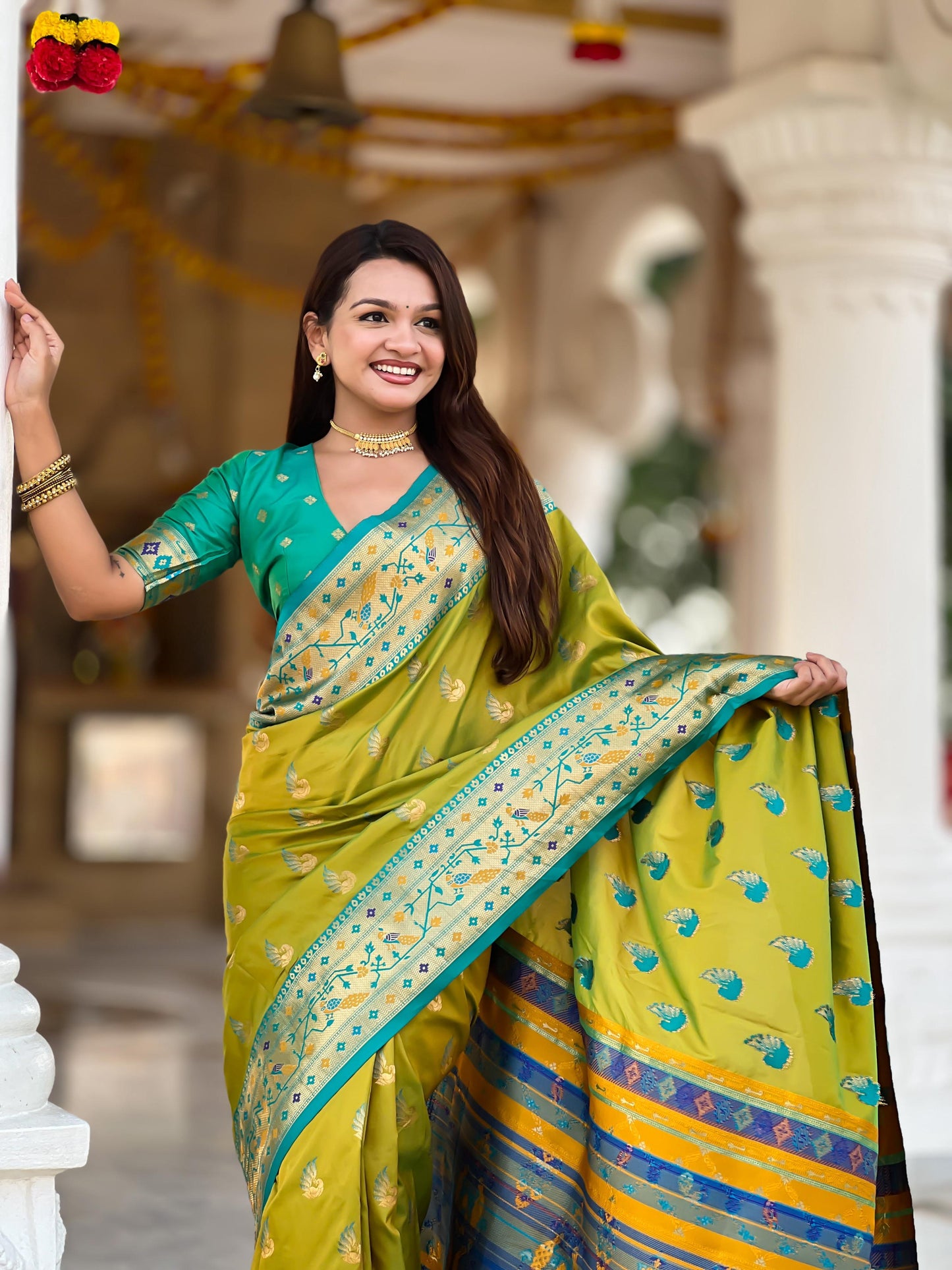 Mameraa Sarees Lemon Yellow Faux Banarasi Silk Saree With Paithani Rich Weaved Pallu And Blouse-Lemon