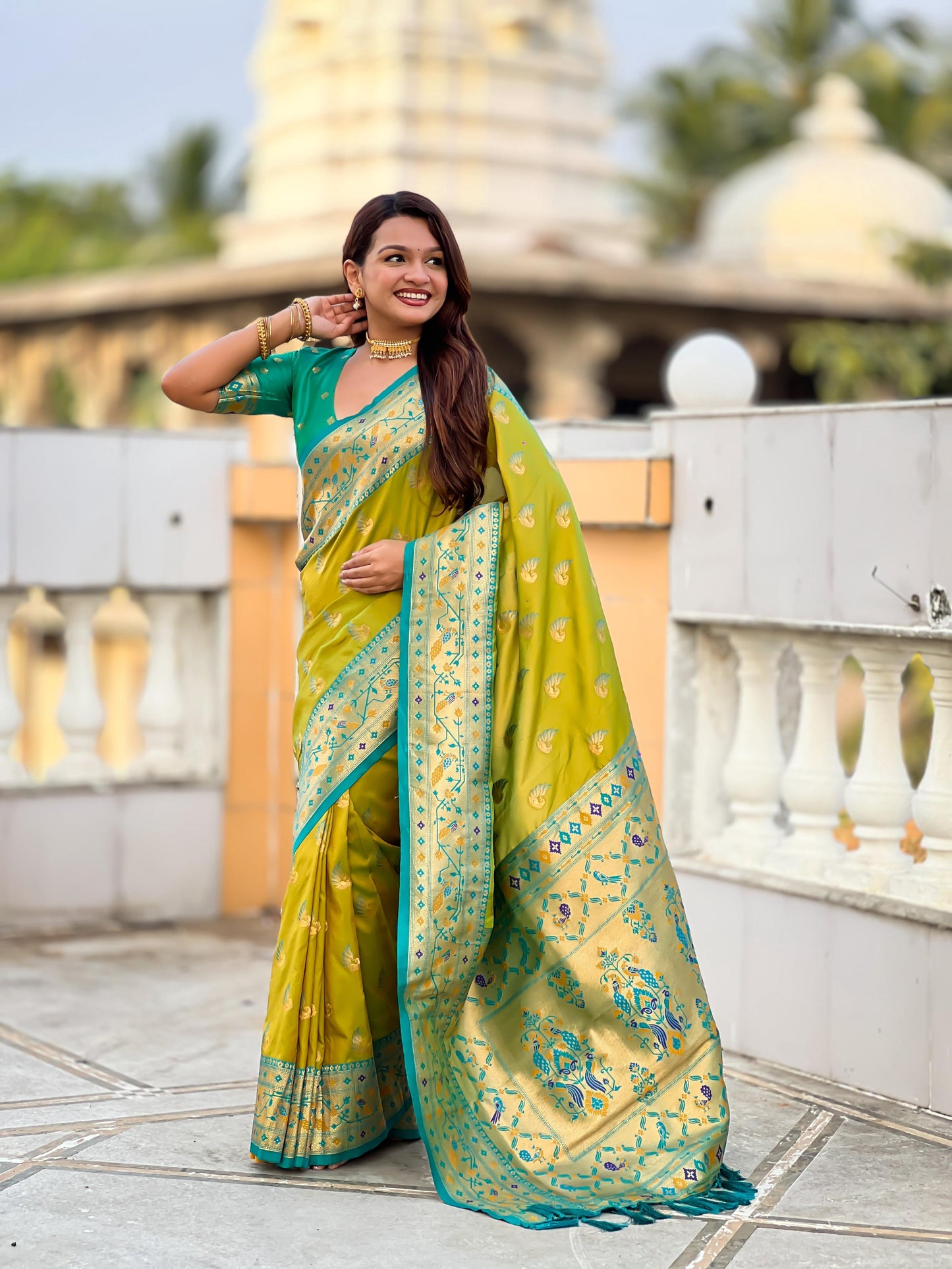 Mameraa Sarees Lemon Yellow Faux Banarasi Silk Saree With Paithani Rich Weaved Pallu And Blouse-Lemon