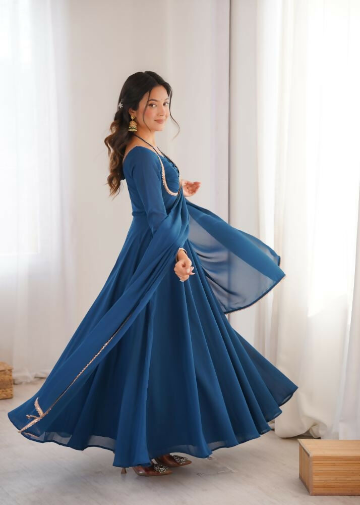 The52 Women's Gorgeous Solid Fox Blooming Georgette Fabric Flared Anarkali and Dupatta Set-Teal Blue