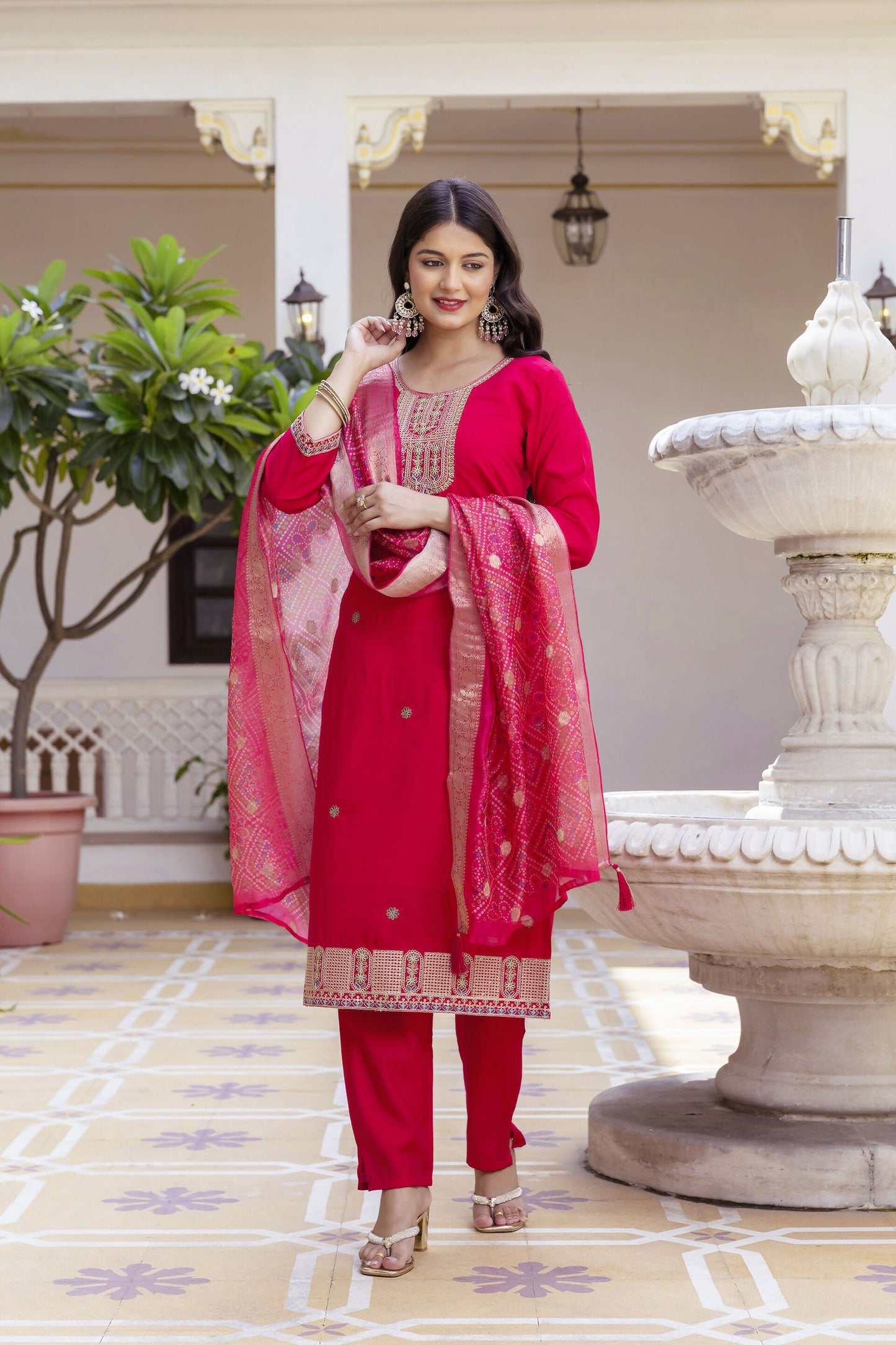 The52 Women's Beautiful Embroidery Work Viscose Chanderi Fabric Straight Kurta Pant and Dupatta Set-Red