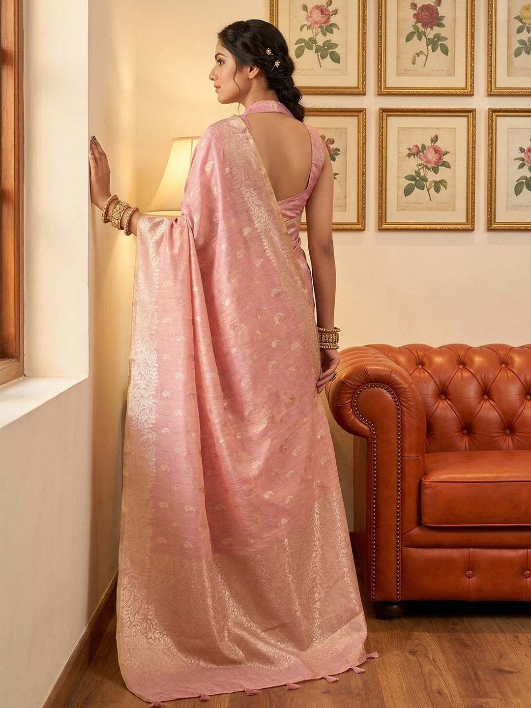 Anaita Pink Woven Tissue Silk Saree With Blouse