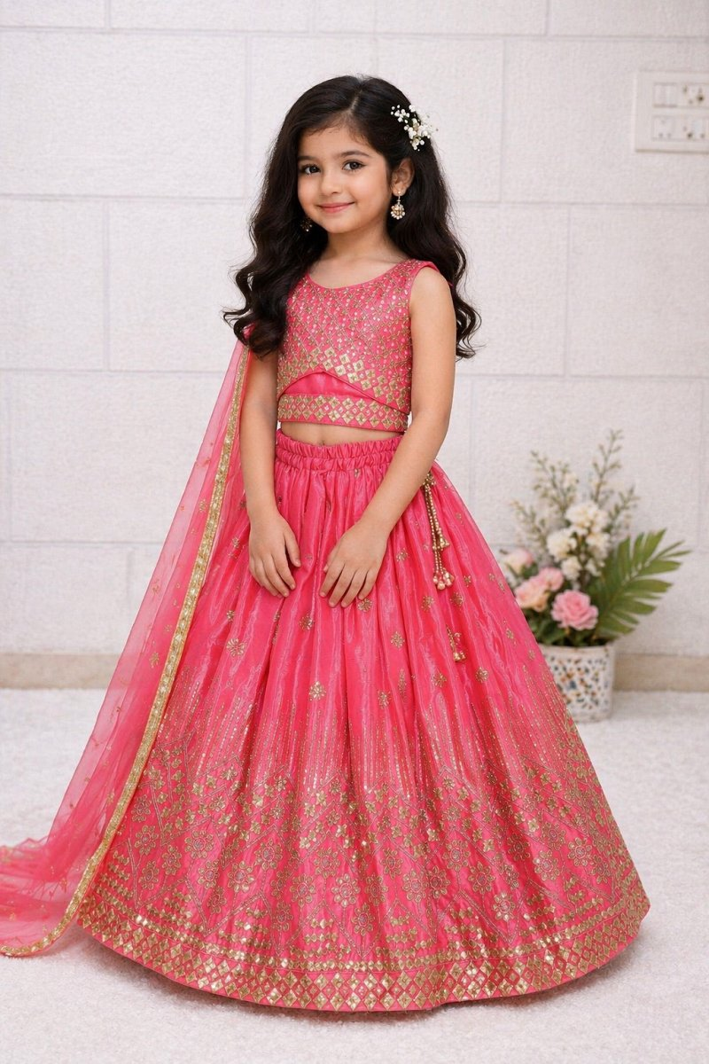 Evanik Pink Chinon Silk Embroidered Work Wedding Kids Lehenga Choli