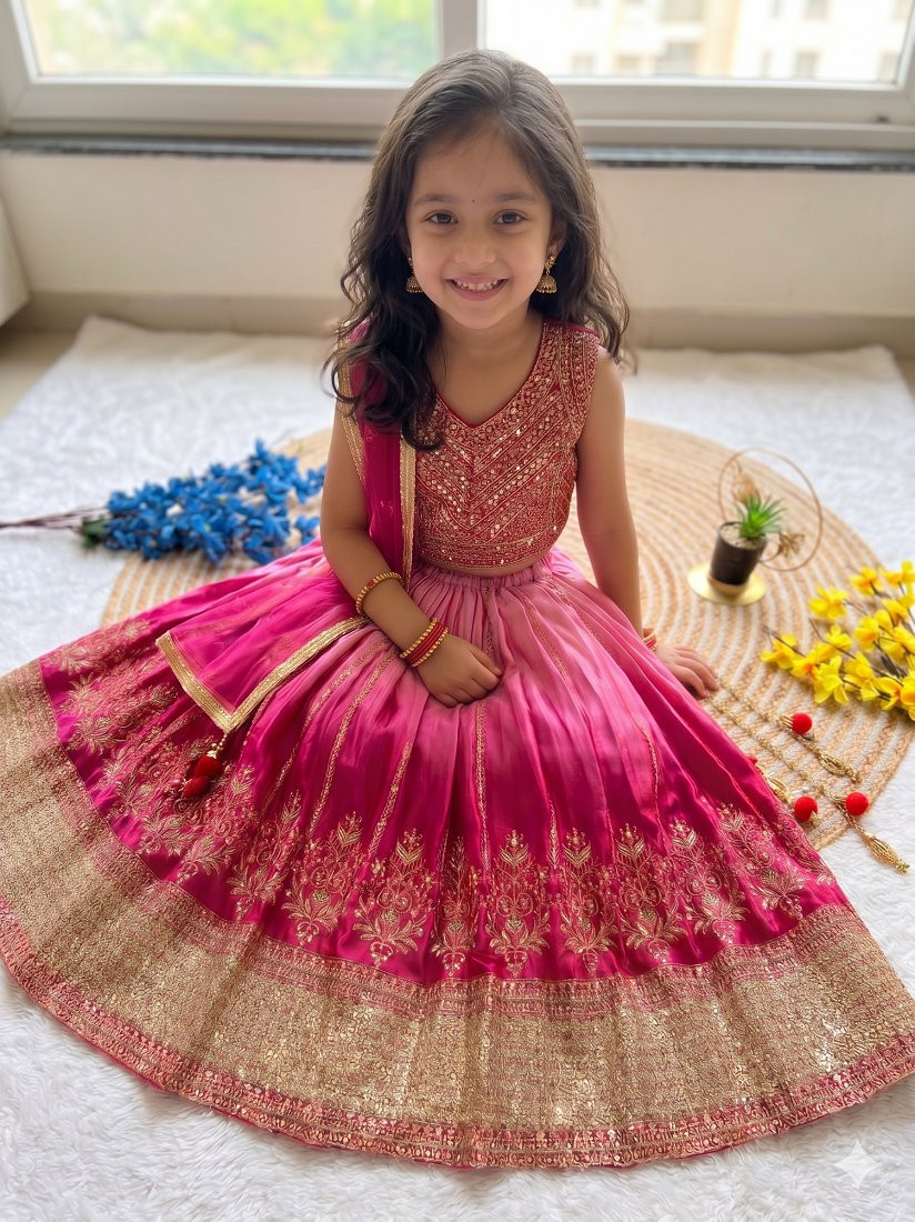 Evanik Pink Designer Chinon Silk Embroidered Work Wedding Lehenga Choli For Kids