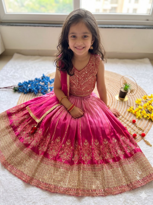 Evanik Pink Designer Chinon Silk Embroidered Work Wedding Lehenga Choli For Kids