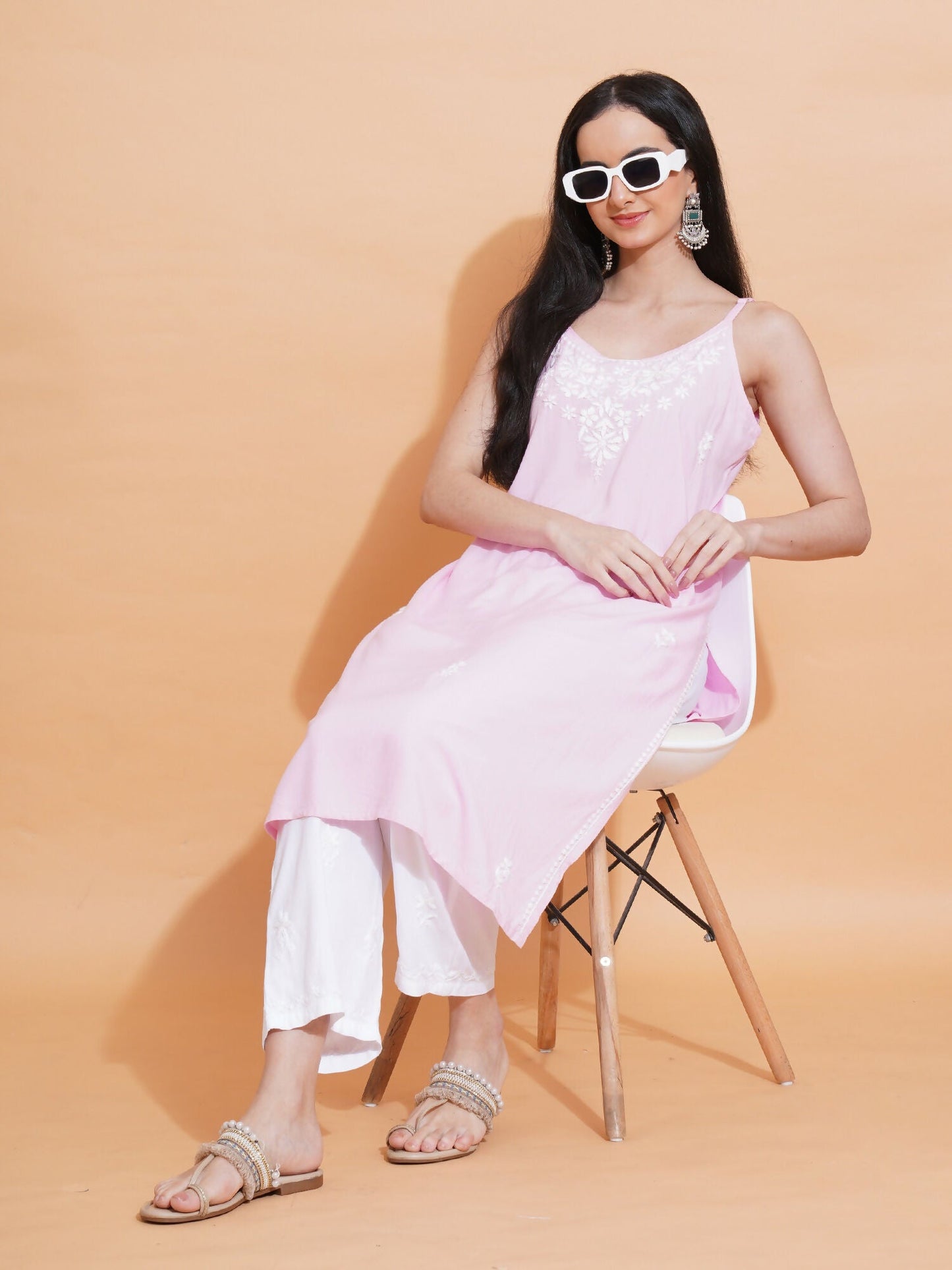 Pahnaz Luxury Rayon Chikankari Sleeveless Long Kurti-Pink