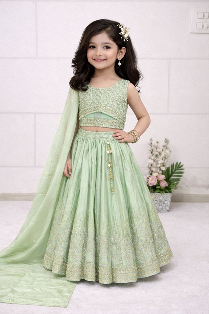 Evanik Pista Chinon Silk Embroidered Work Wedding Kids Lehenga Choli