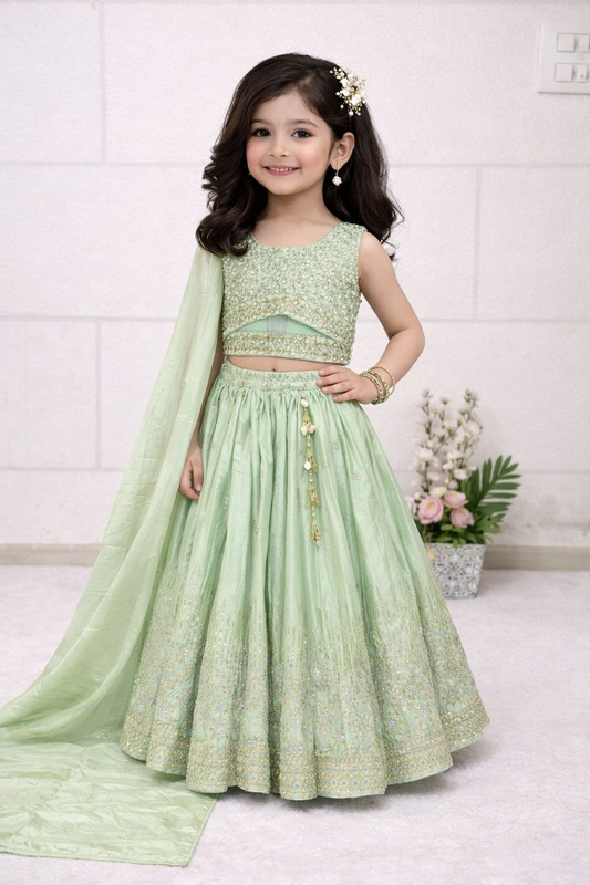 Evanik Pista Chinon Silk Embroidered Work Wedding Kids Lehenga Choli