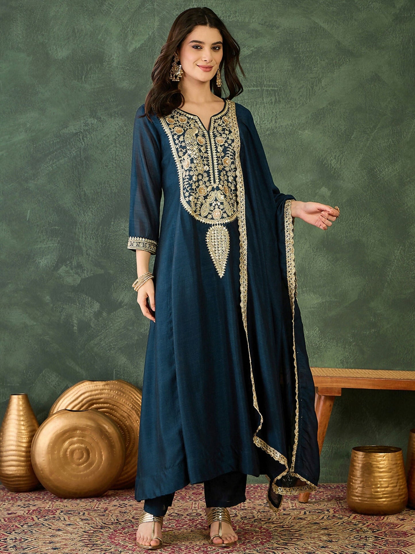 The52 Women's Beautiful Embroidery Work Vichitra Silk Fabric Flared Kurta Pant and Dupatta Set-Petrol