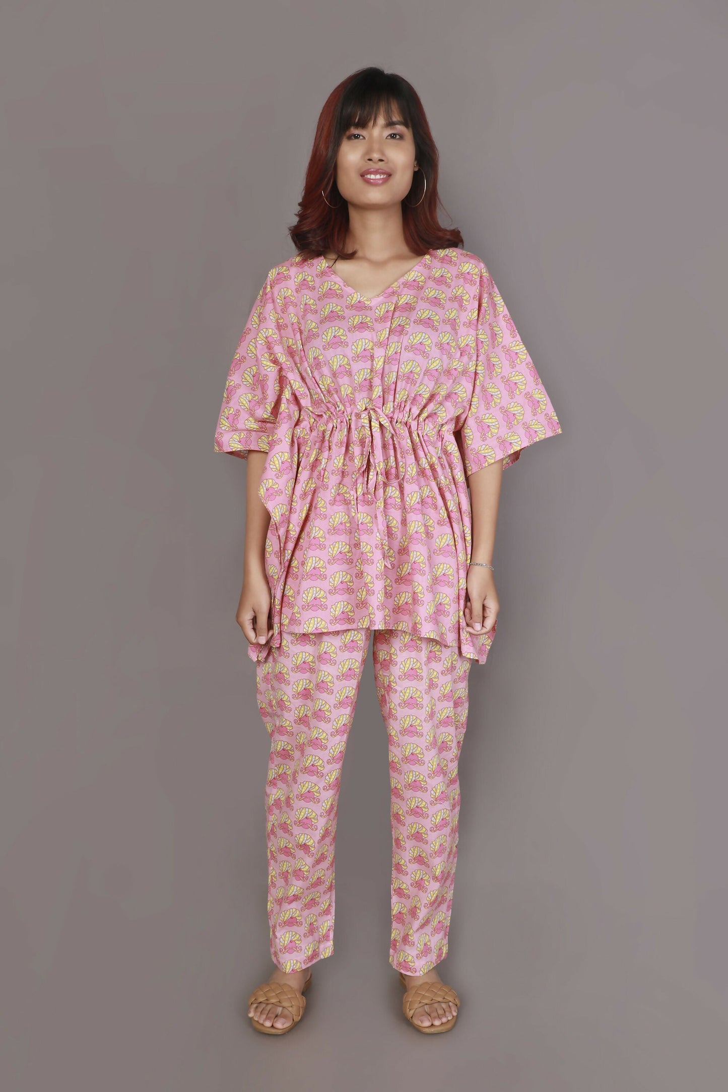 Breathables WomenS Loungewear Kaftan Co-Ord Set Cotton V-Neck In Quirky Pink Print