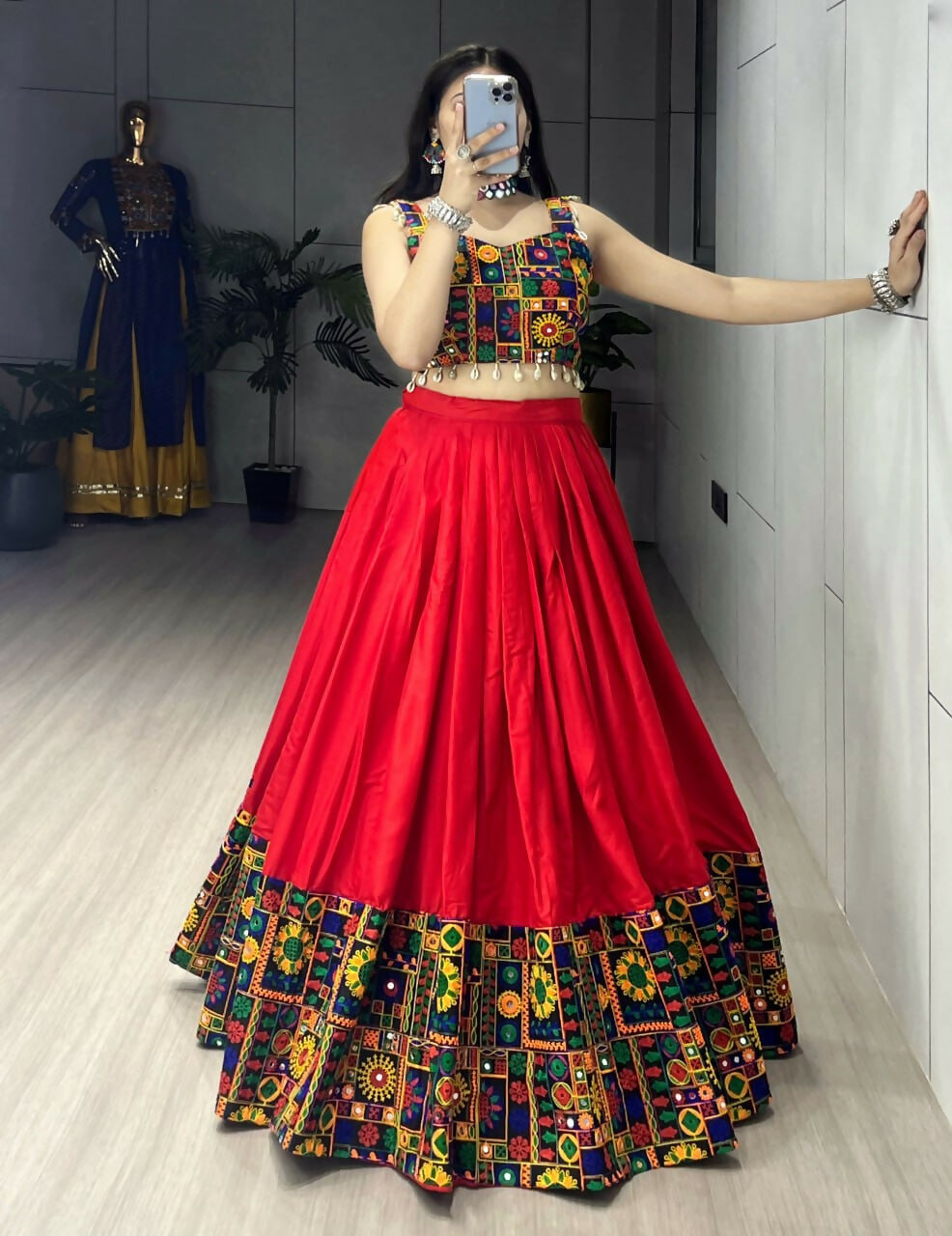 Yash Enterprise Red Rayon Cotton Embroidery Semi Stitched Navratri Chaniya Choli