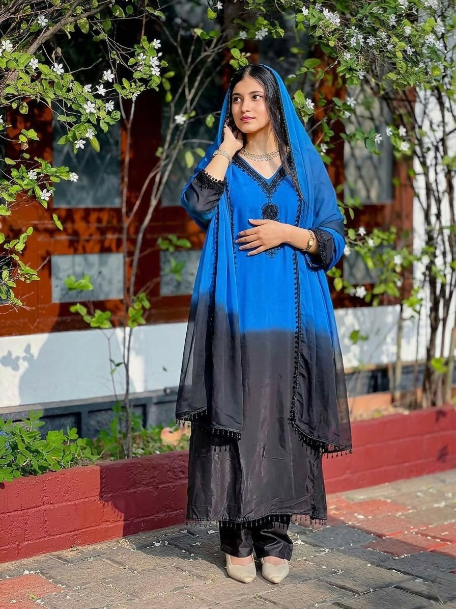 Teeya Creation Women's Trendy Stylish French Crepe Silk Blue Kurta Set