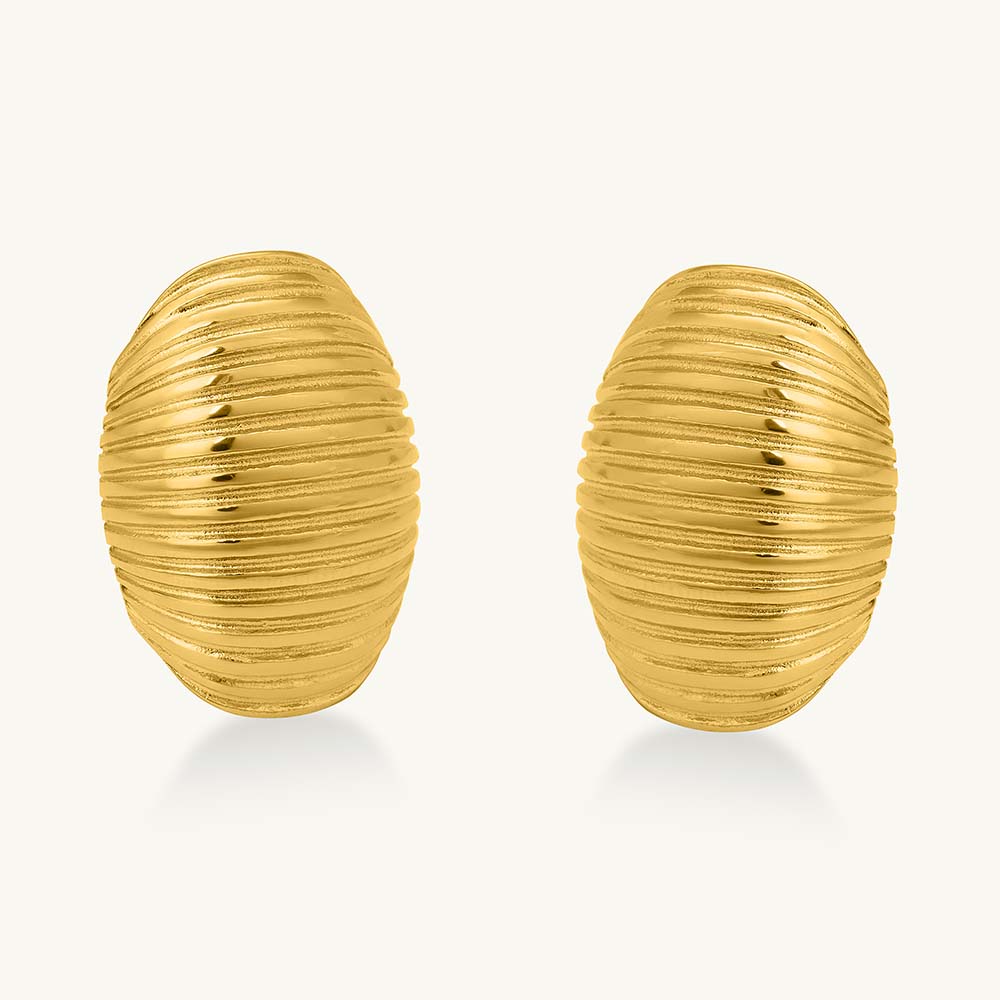 Elegant Golden Ribbed Oval Stud Earrings
