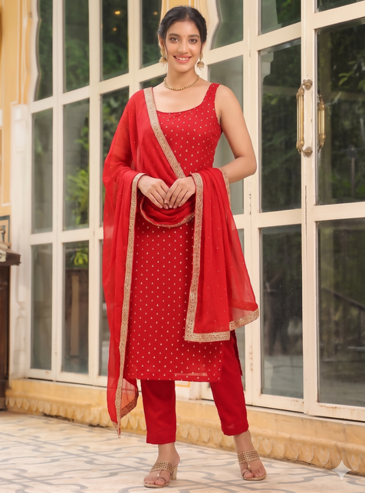 Teeya Creation Womens New Elegant Red Embroidered Kurti with Matching Bottom Set