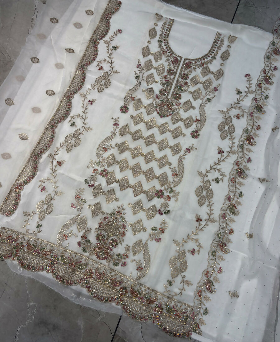 KC Heavy Embroidery Worked Two Ton Moss Silk White Suit For Women