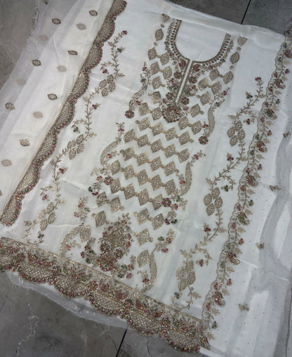 KC Heavy Embroidery Worked Two Ton Moss Silk White Suit For Women
