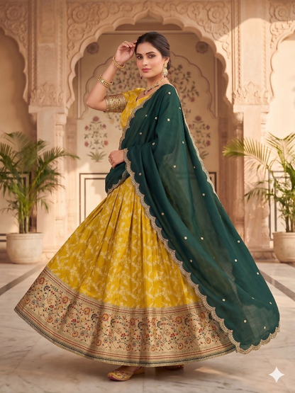 Teeya Creation Traditional Mustard Lehenga Choli Set with Festive Dark Green Embroidered Dupatta