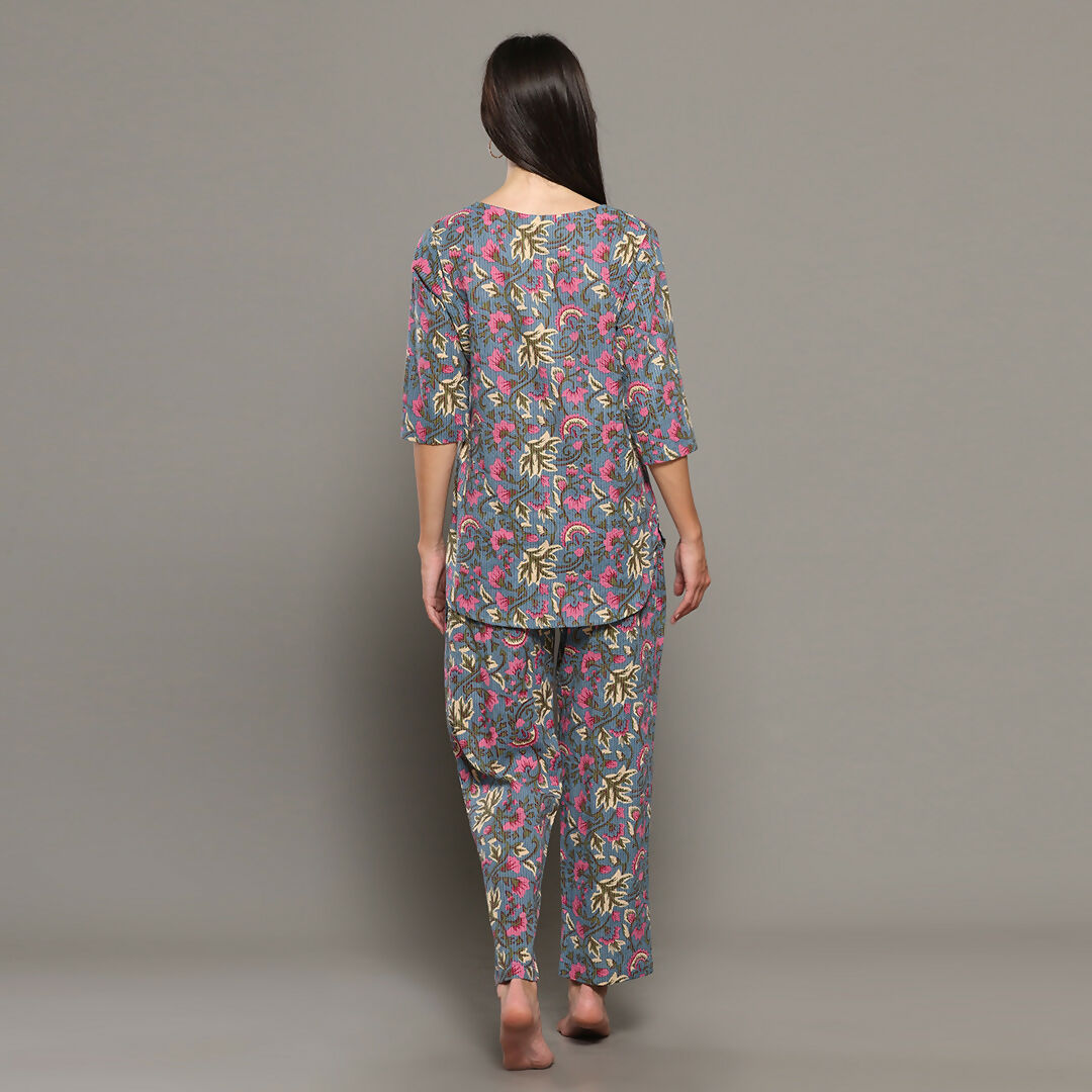 Breathables Women Cotton Printed Loungewear Kurta And Pants Co-Ord Set Grey I Night Wear | Floral Print