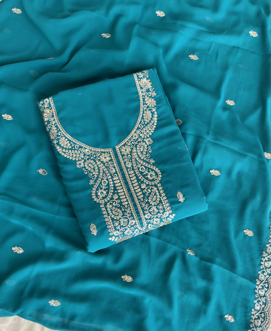 KC Aqua Blue Georgette Heavy Embroidered Fancy Suit For Women