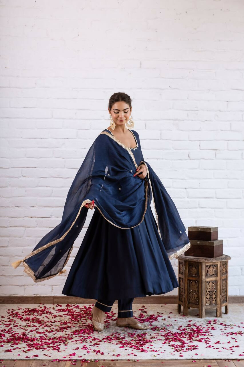 Teeya Creation Navy Blue Scallop Border Anarkali Kurta Set For Women