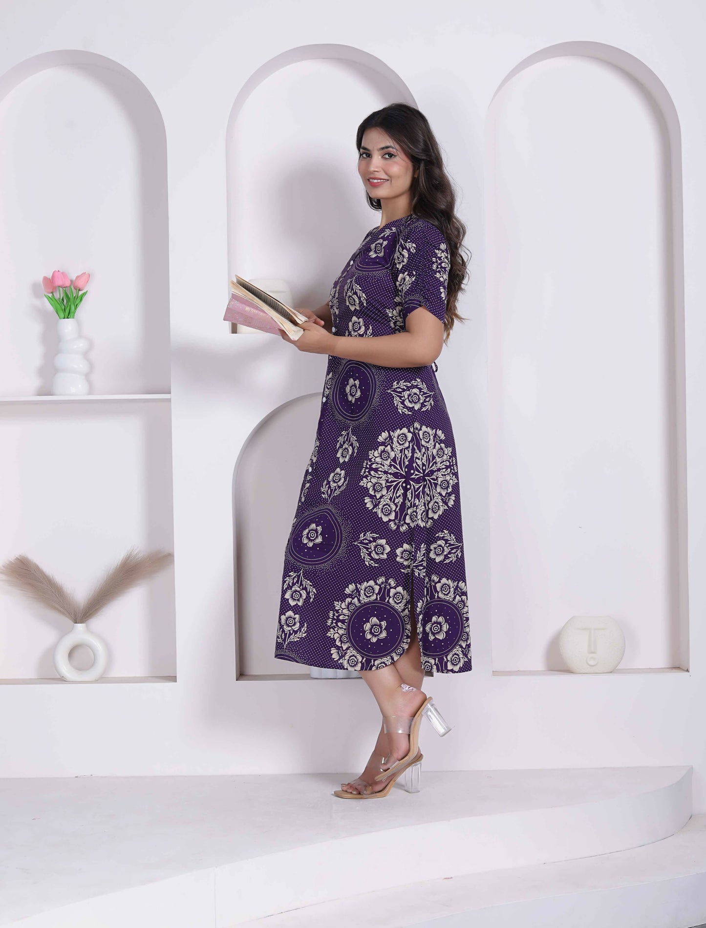 Miravan Womens Floral Printed A-Line Shirt Collar Maxi Dress