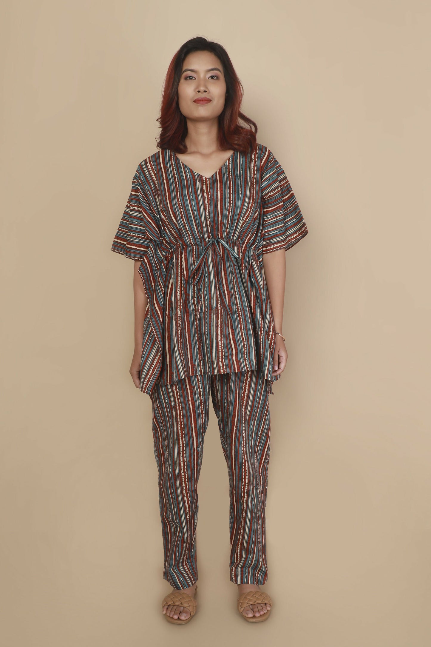 Breathables WomenS Loungewear Kaftan Cotton Aqua Blue Stripes Print Co-Ord Set