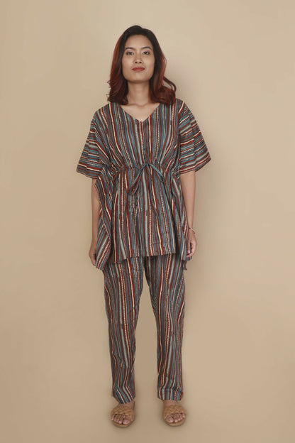 Breathables WomenS Loungewear Kaftan Cotton Aqua Blue Stripes Print Co-Ord Set