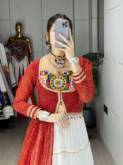 Yash Enterprise Red And White Rayon Cotton Embroidery Semi Stitched Navratri Top Chaniya Choli