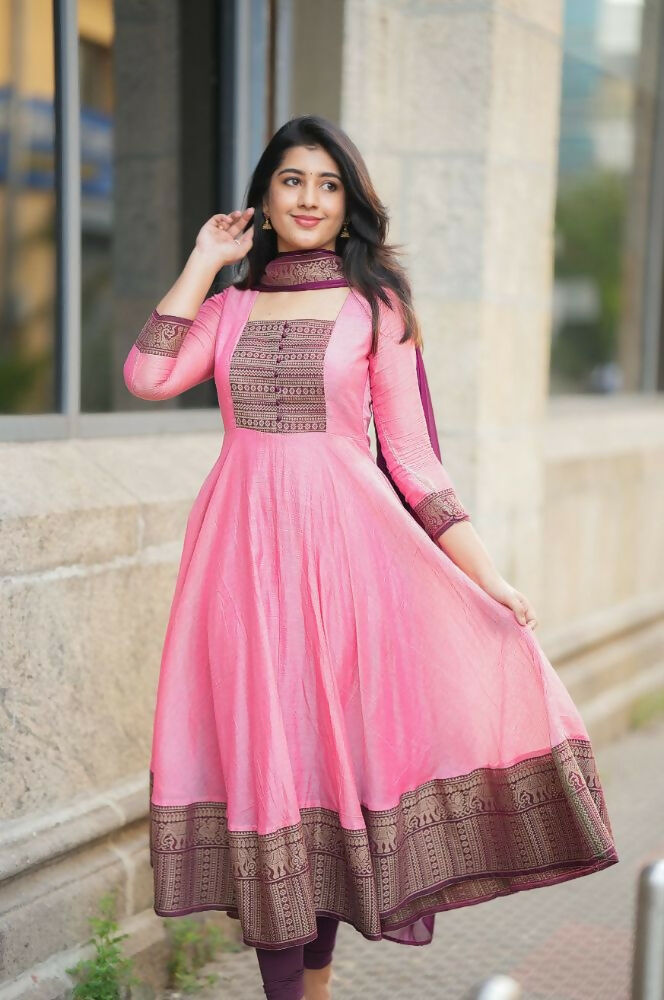 Teeya Creation Womens New Elegant Pink Anarkali Gown with Embroidered Yoke Contrasting Wine Dupatta Set