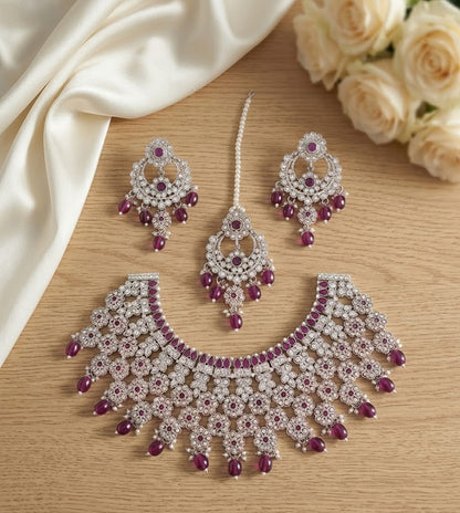 Jewel City Silver Plated Purple Beads Indian Bridal Jewelry Set Choker Necklace-Traditional Wedding Wear Festive Ethnic Jewelry Set