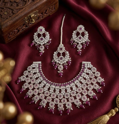 Jewel City Silver Plated Purple Beads Indian Bridal Jewelry Set Choker Necklace-Traditional Wedding Wear Festive Ethnic Jewelry Set