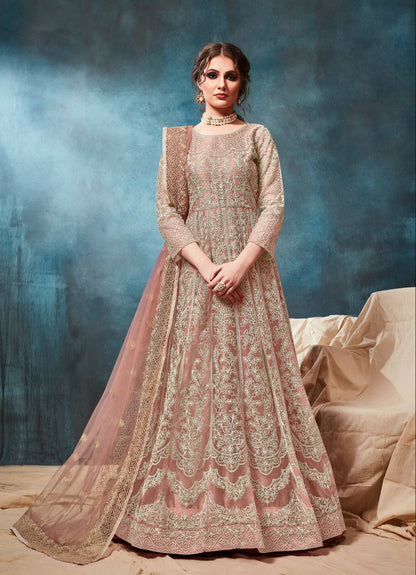 Anaita Peach Embroidered Net Anarkali Suit