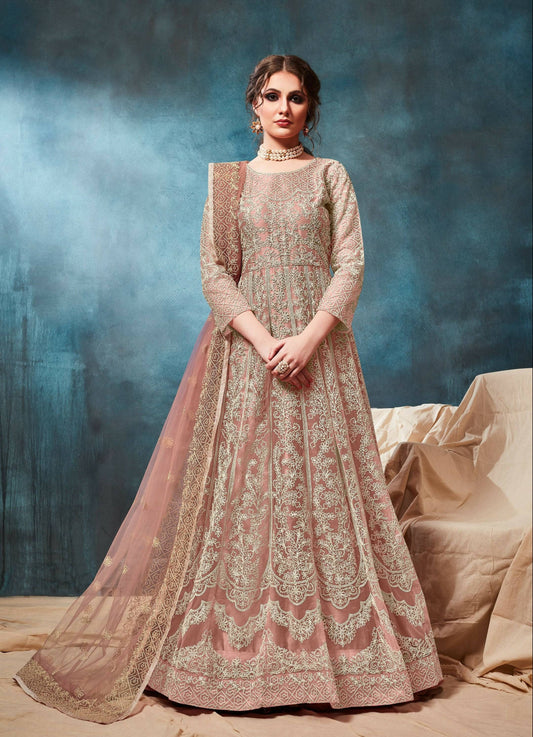 Anaita Peach Embroidered Net Anarkali Suit