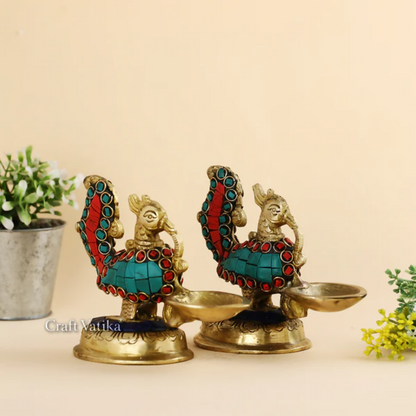 CraftVatika Brass Pair Of Peacock Diya Stand Showpiece