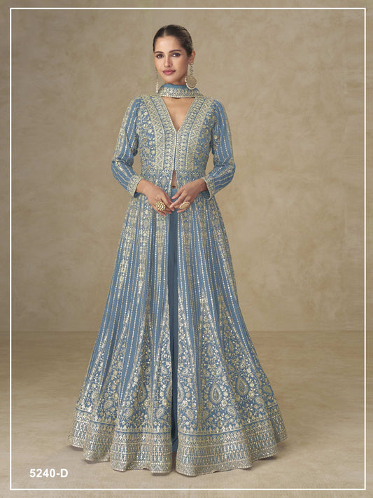 Teeya Creation Blue Color Chinon Silk Heavy Embroidery Work Party Wear Long Gown
