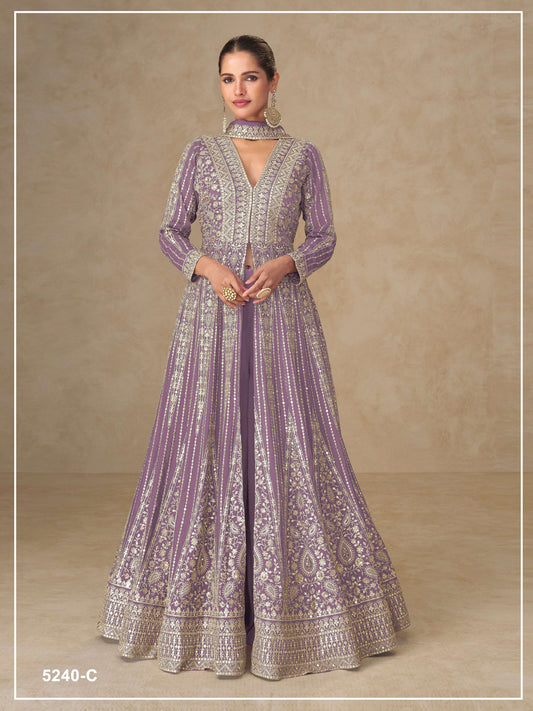 Teeya Creation Onion Color Chinon Silk Heavy Embroidery Work Party Wear Long Gown