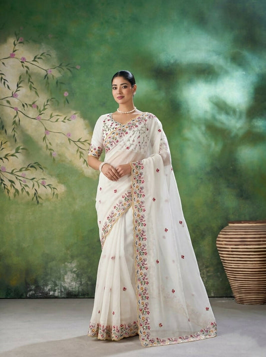 Teeya Creation Womens New Trendy Party Wear Soft Crush Silk Saree-White