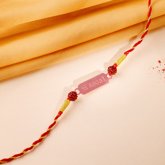 Rose Gold Personalised Name Plate Rudraksh Rakhi