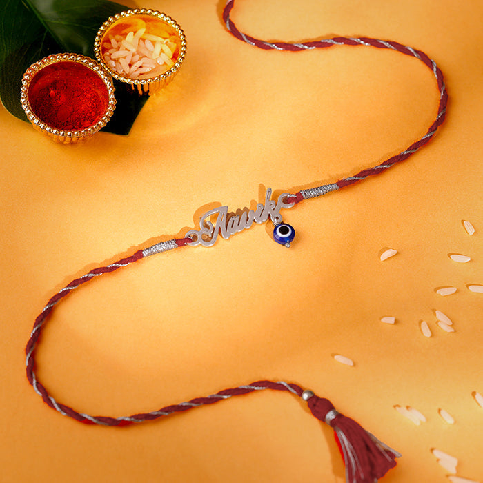 Silver Personalised Name Nazar Battu Rakhi