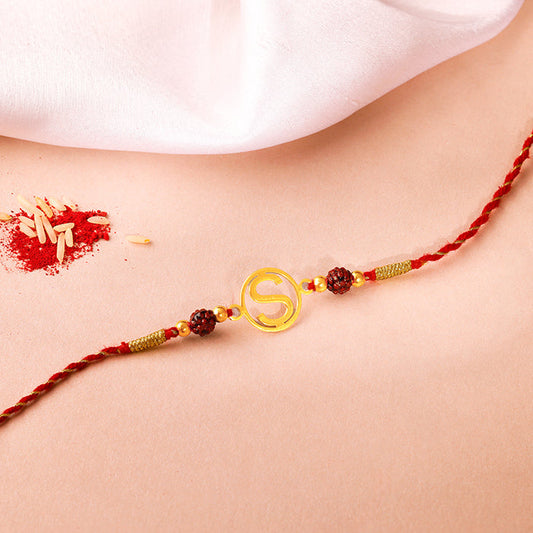 Golden Personalised Initial Rudraksha Rakhi