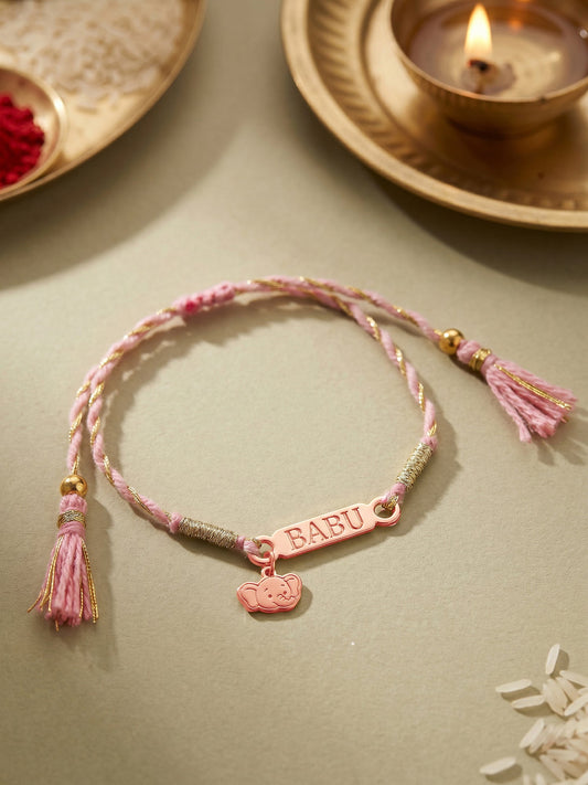 Rose Gold Personalised Elephant Adventure Kids Rakhi