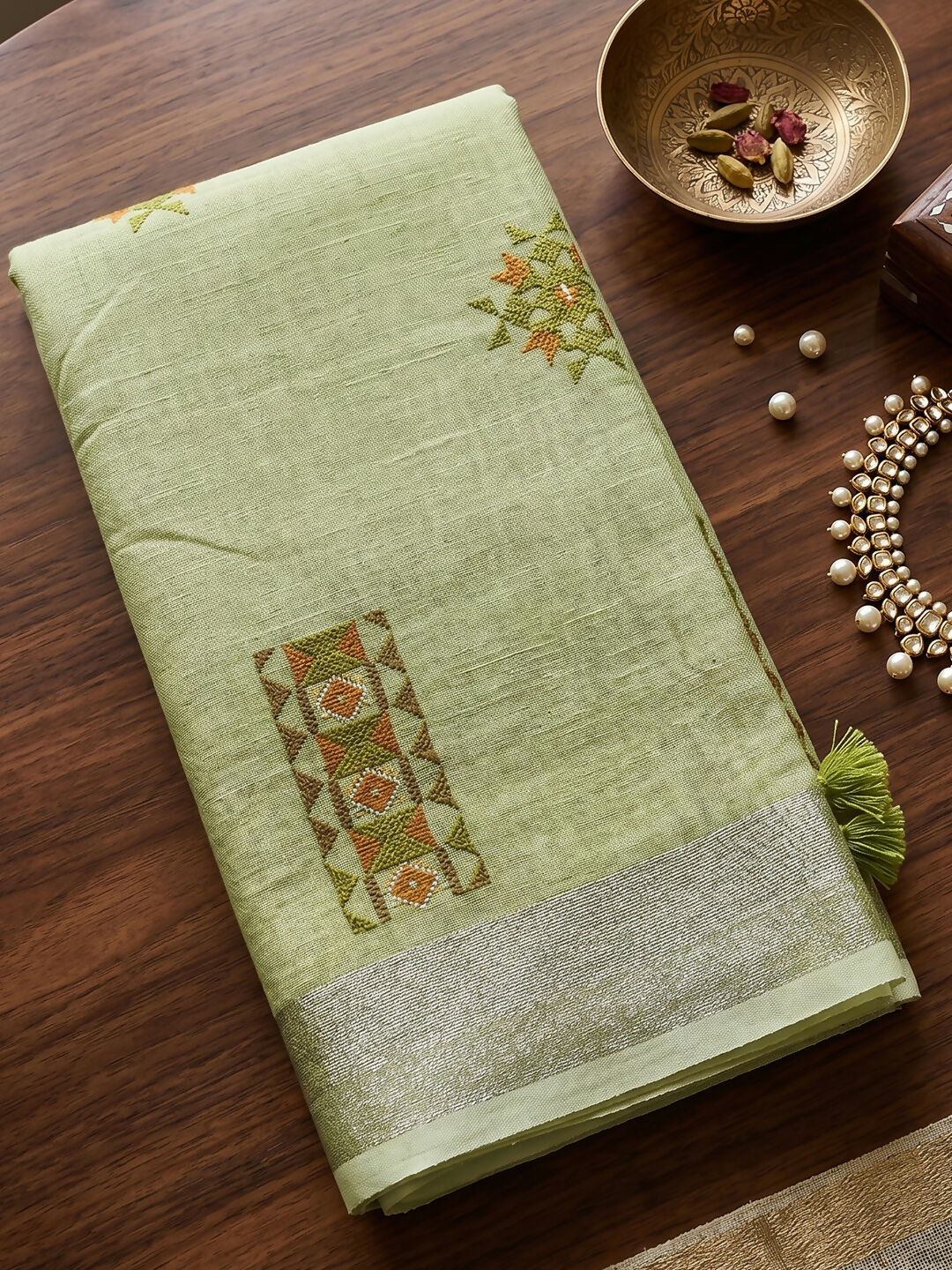 Shree Shyam Fashion Pista Green Linen Saree